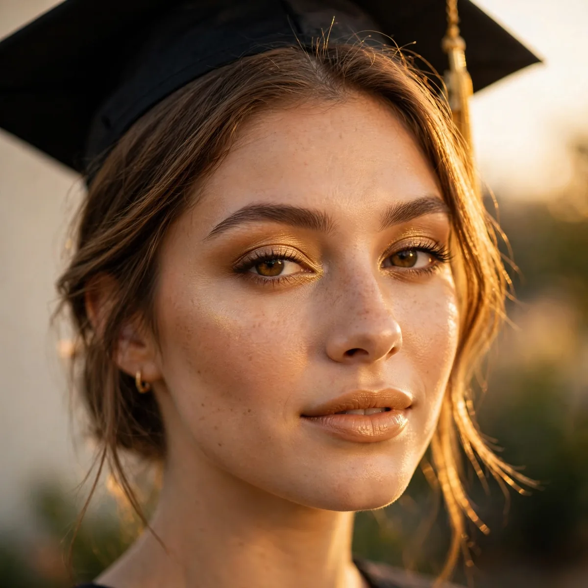 Graduate with warm golden makeup glowing in golden hour light
