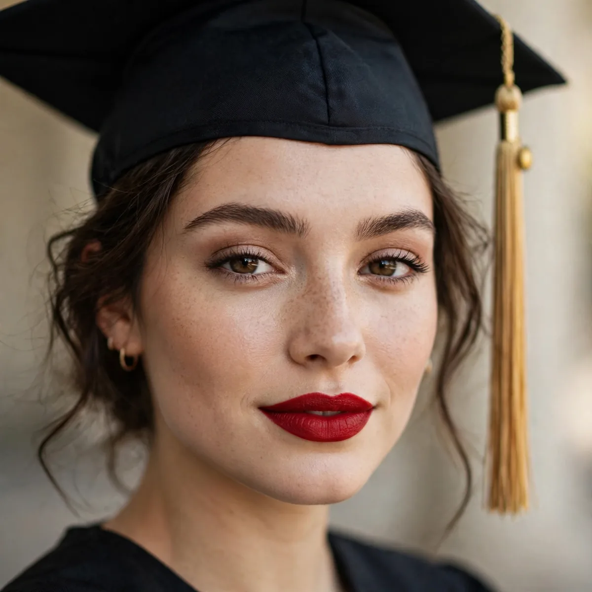 Graduate wearing a classic red lip with a graduation cap