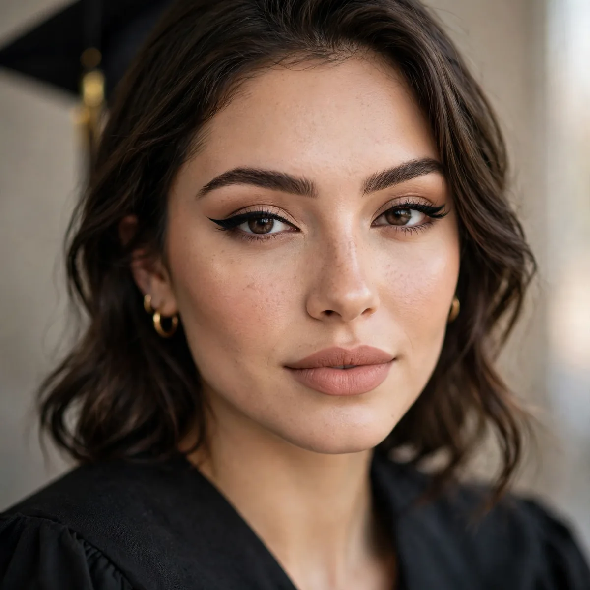 Graduate with defined polished makeup, sharp liner and nude lips