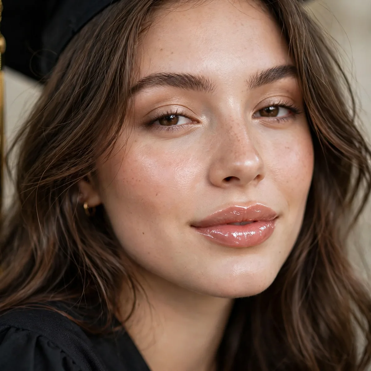 Graduate with glossy lips and fresh radiant makeup