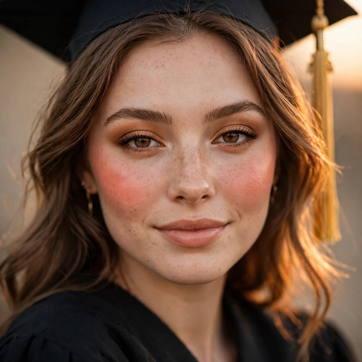 Graduate with warm sunset-toned blush across cheeks