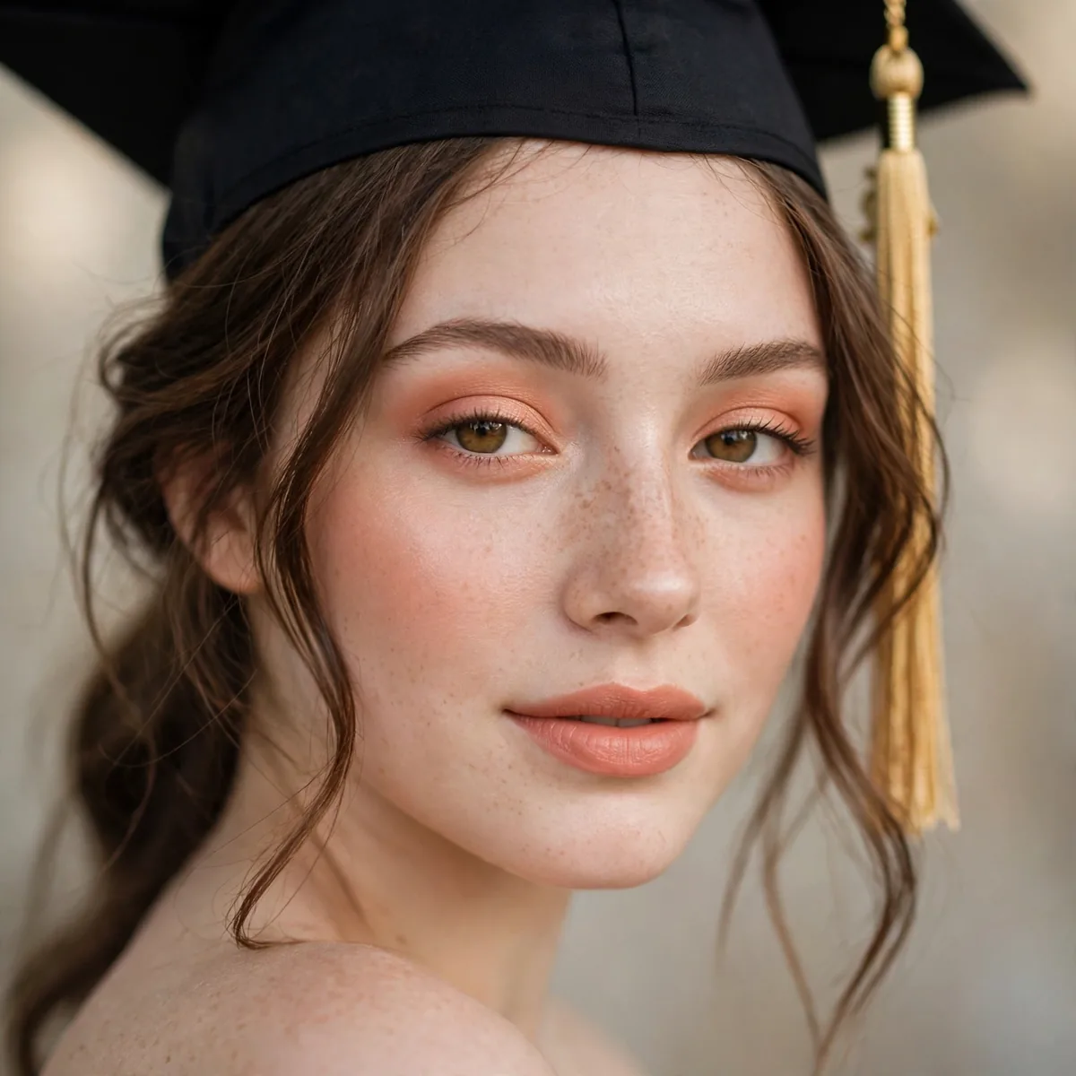 Graduate with peachy makeup tones on eyes cheeks and lips