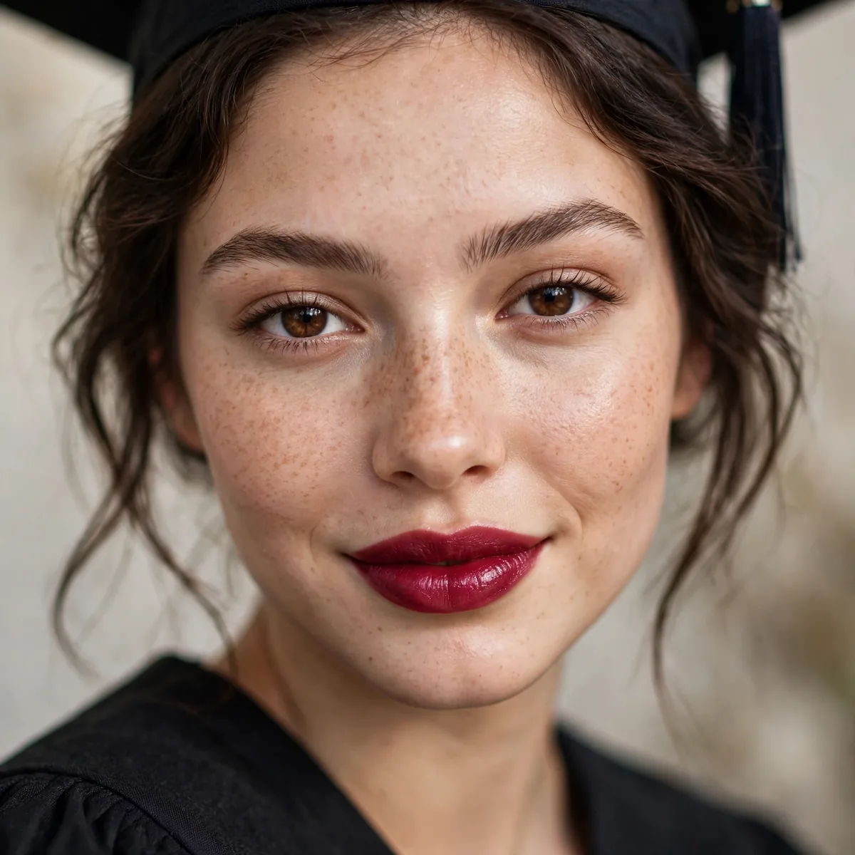 Graduate with a berry lip and fresh natural makeup