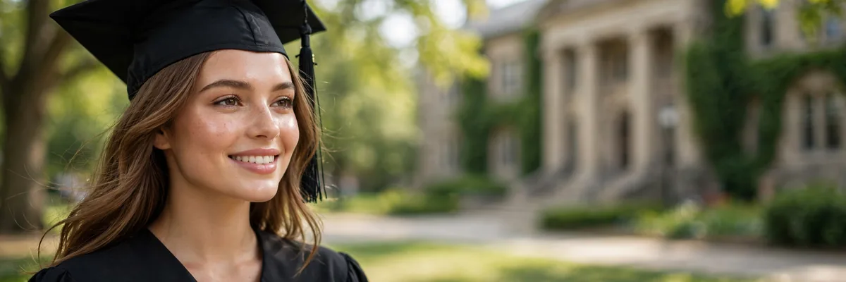 Graduate in cap and gown with fresh long-wear makeup and glowing skin
