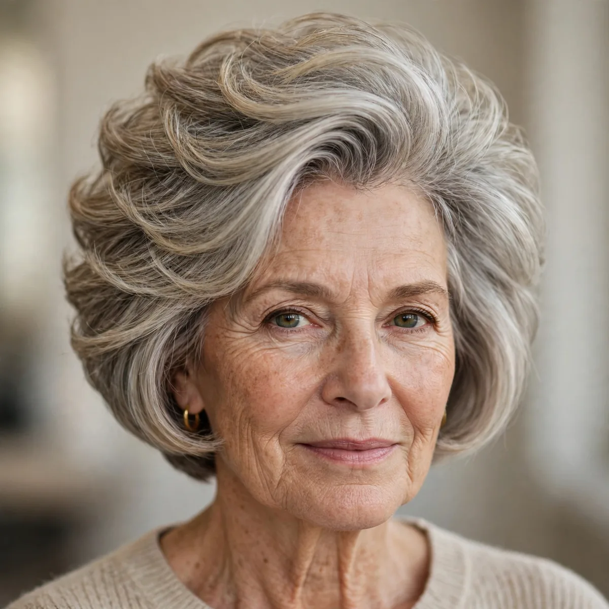 Stacked bob haircut adding volume to thin hair on older woman