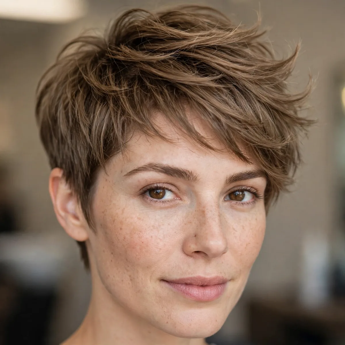 Textured pixie haircut with longer crown layers for thin hair