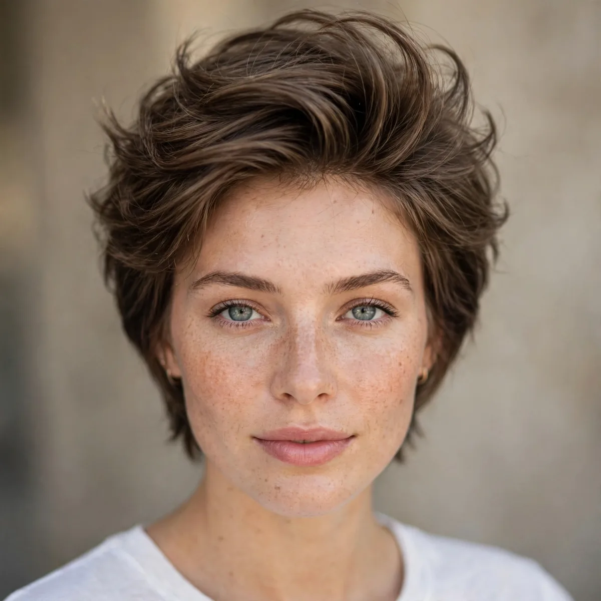Short layered haircut with lifted crown for thin hair
