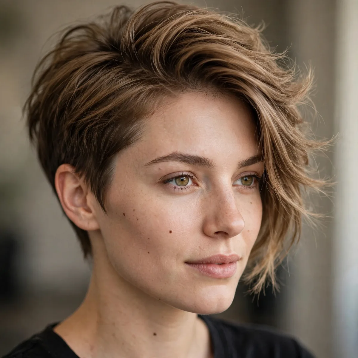 Asymmetric short haircut adding volume to thin hair