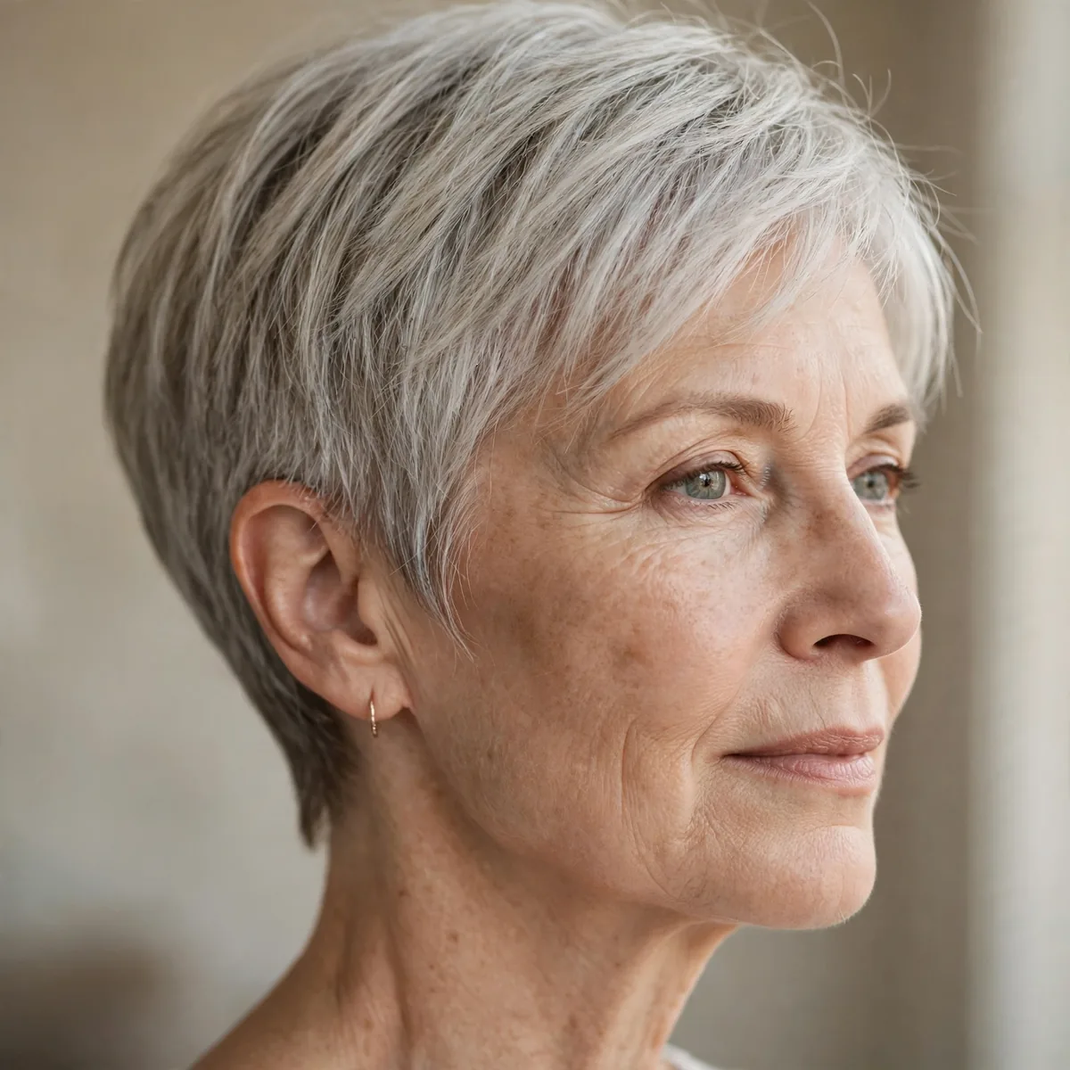 Pixie haircut with tapered nape for thin older hair