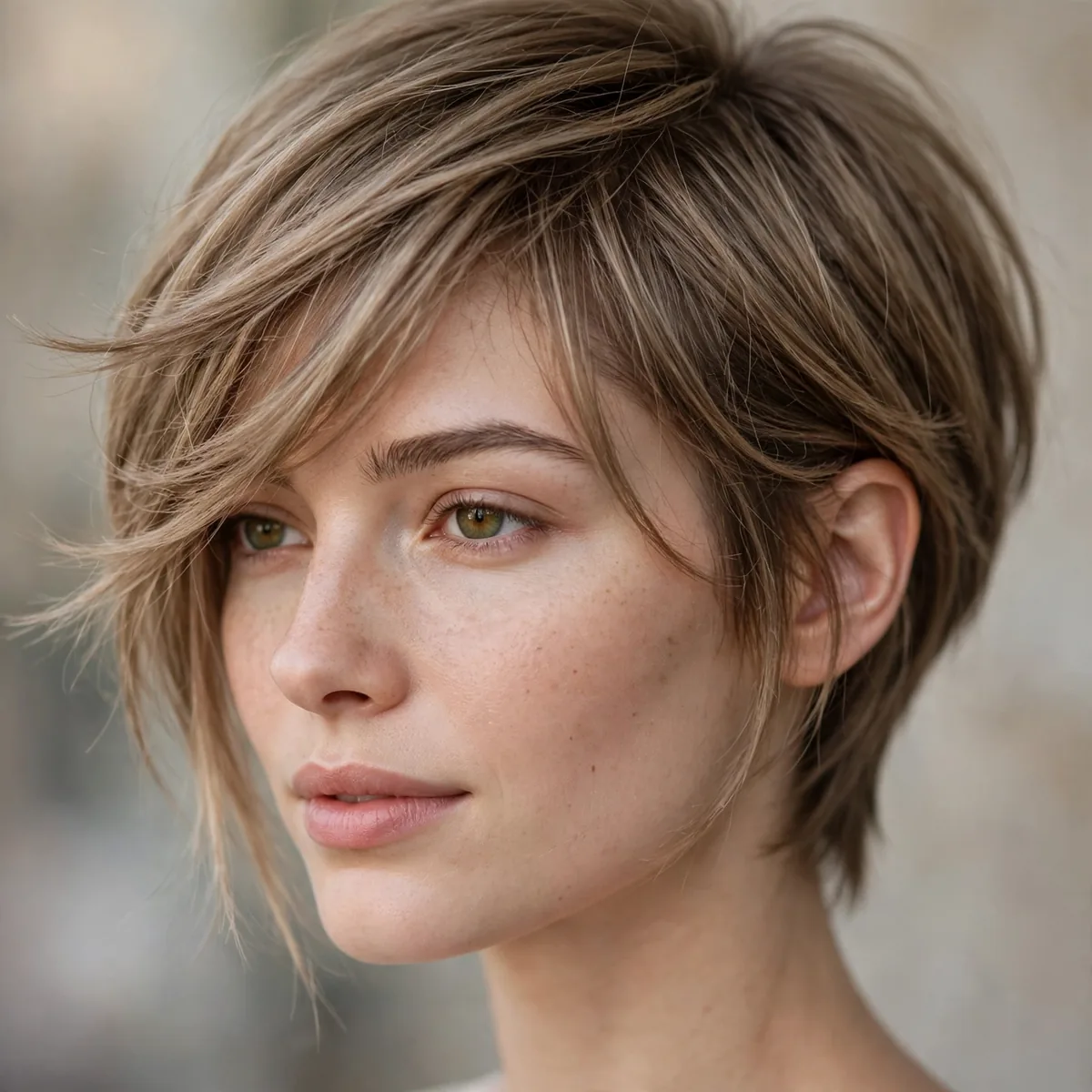 Long pixie haircut with side swept bangs for thin hair