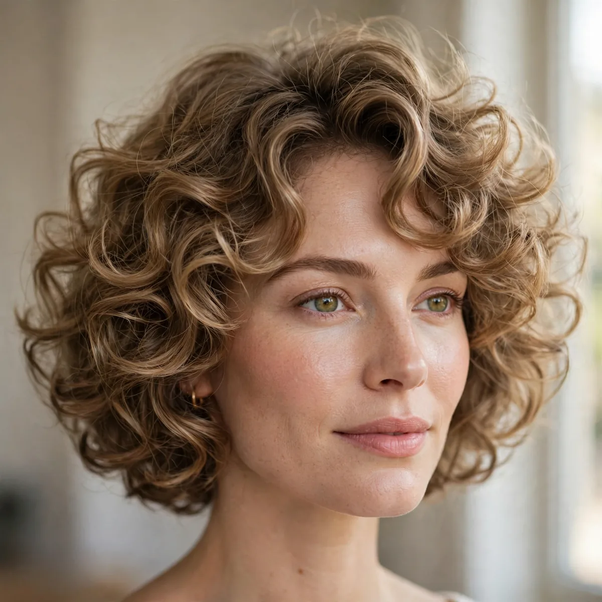 Bob haircut styled with voluminous curls for thin hair
