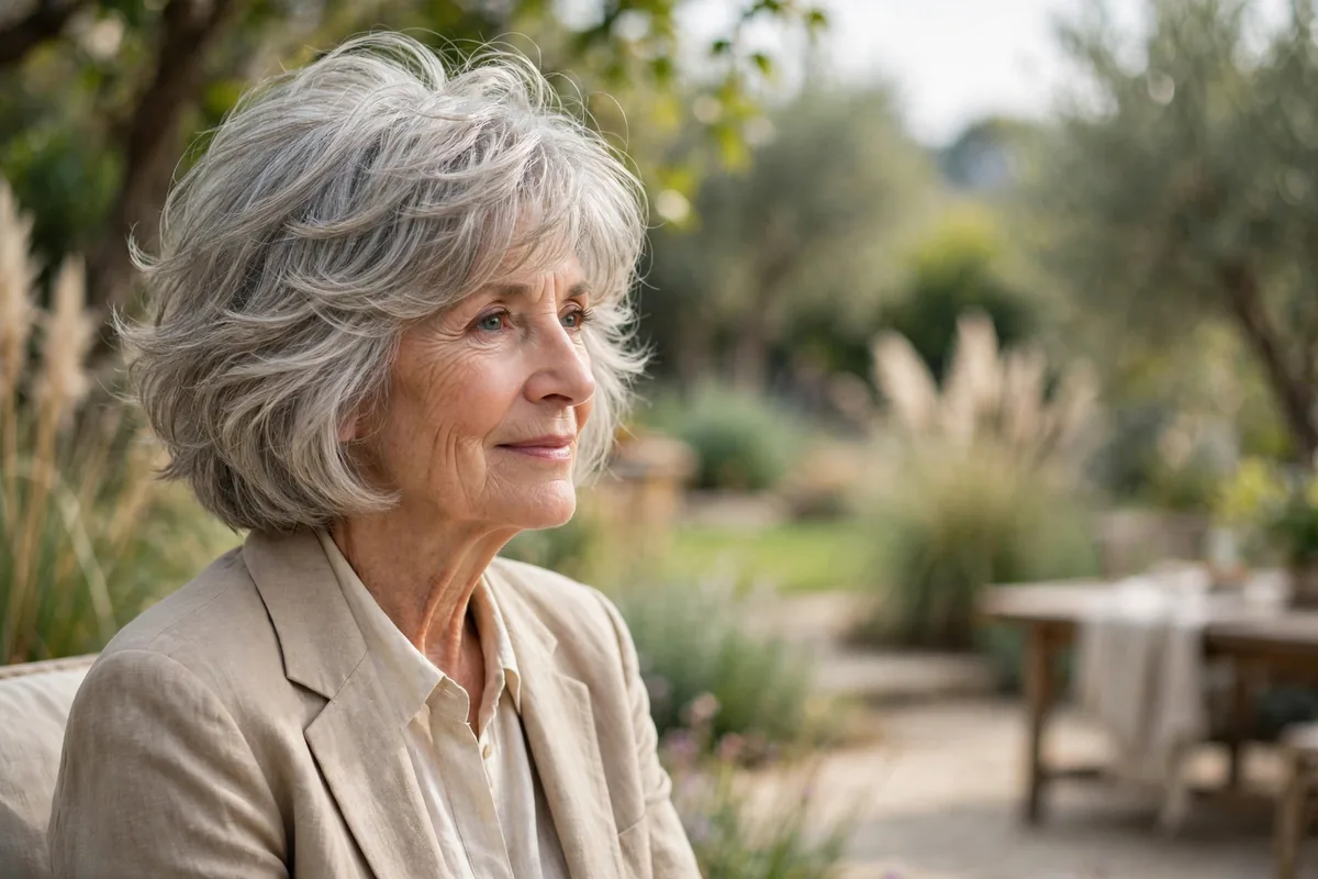 Older woman with thin hair wearing a voluminous layered bob haircut