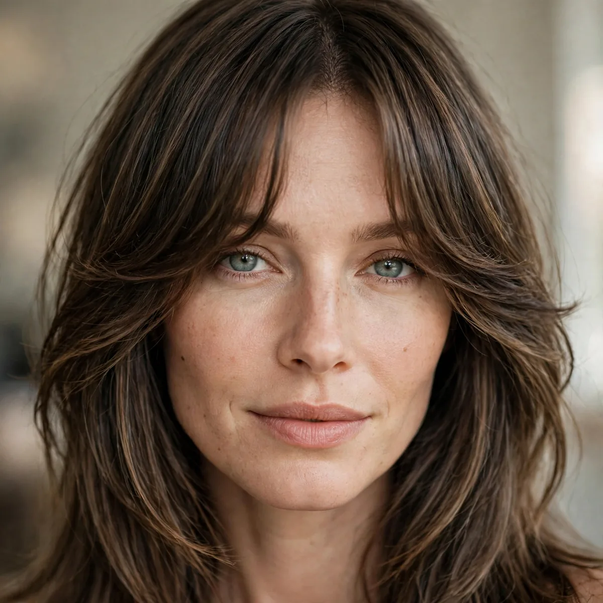 Curtain bangs with long layers flattering a big forehead