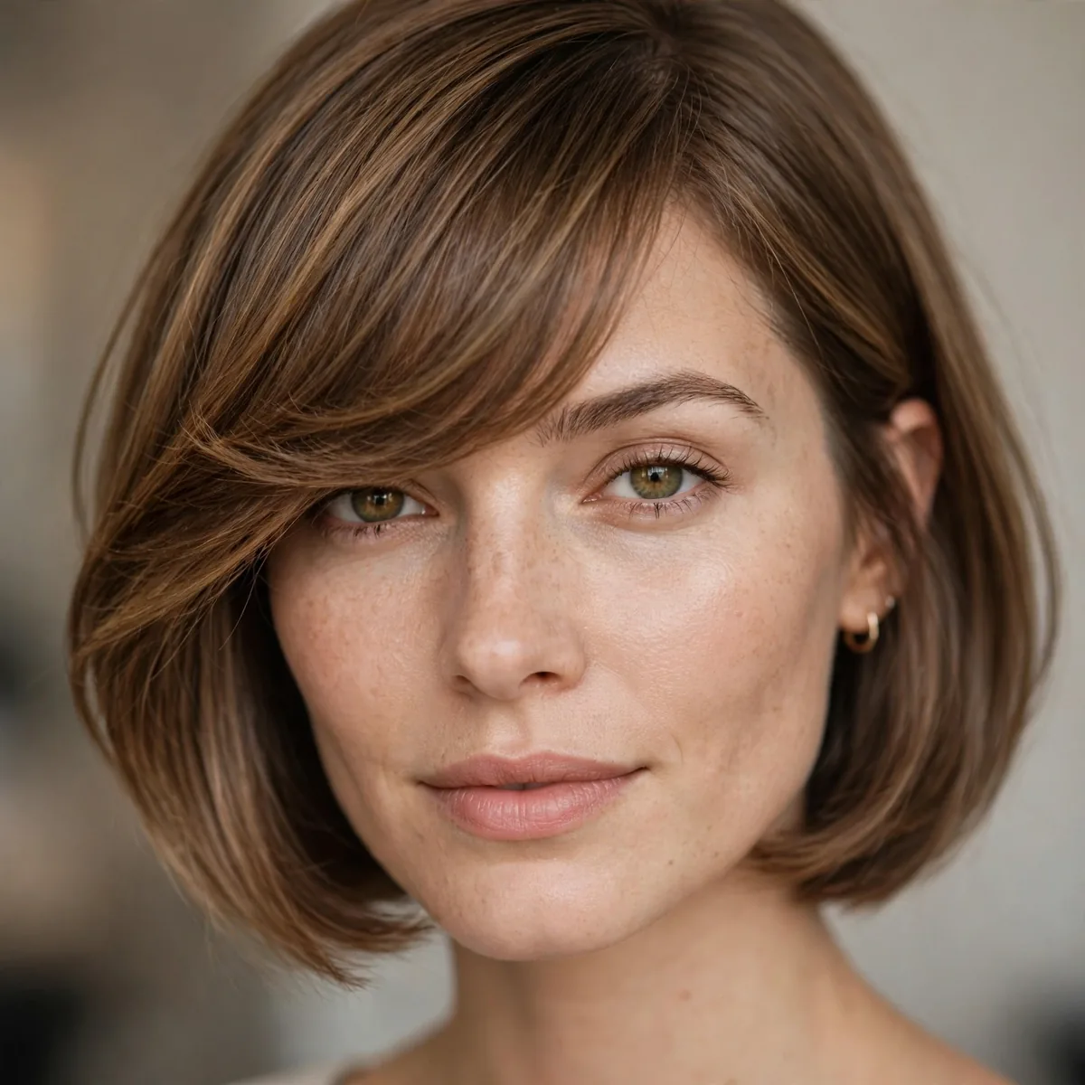 Bob haircut with side swept fringe for big forehead
