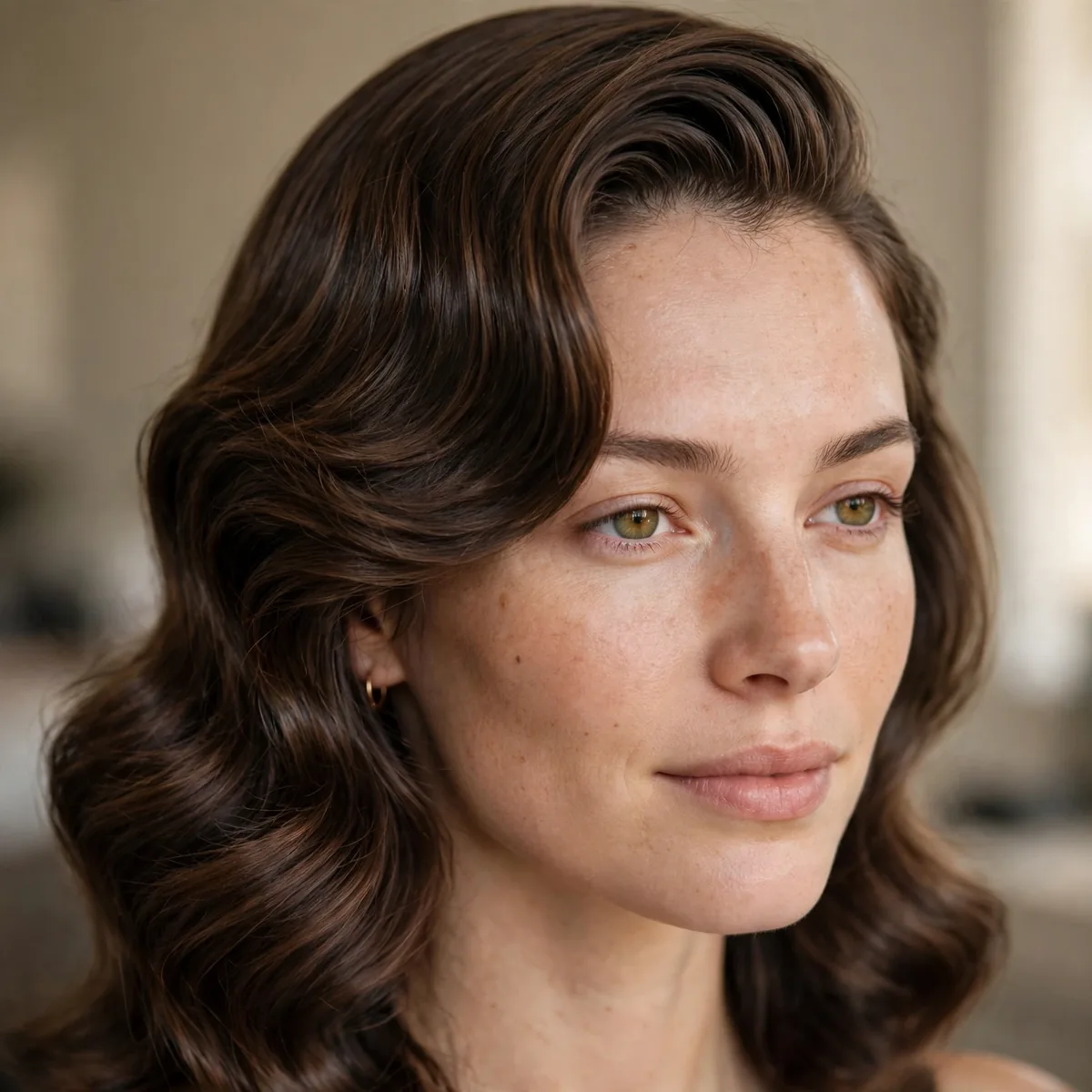 Deep side part with waves for big forehead hairstyle