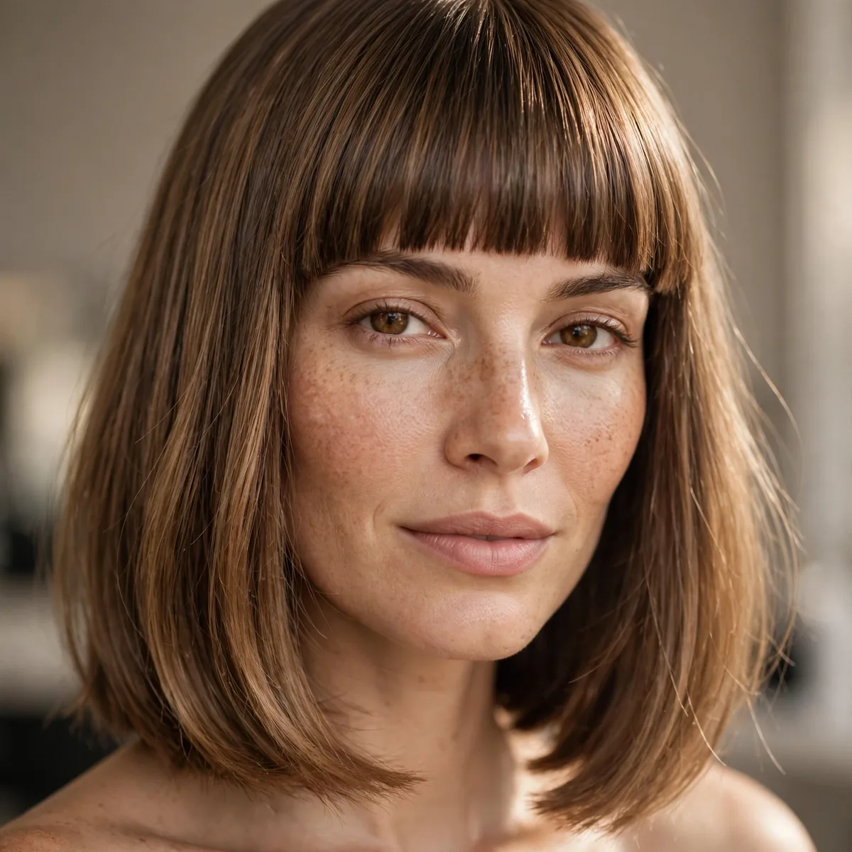 Lob haircut with blunt bangs for big forehead