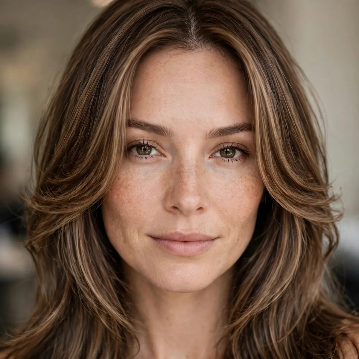 Long hair with face framing layers for big forehead