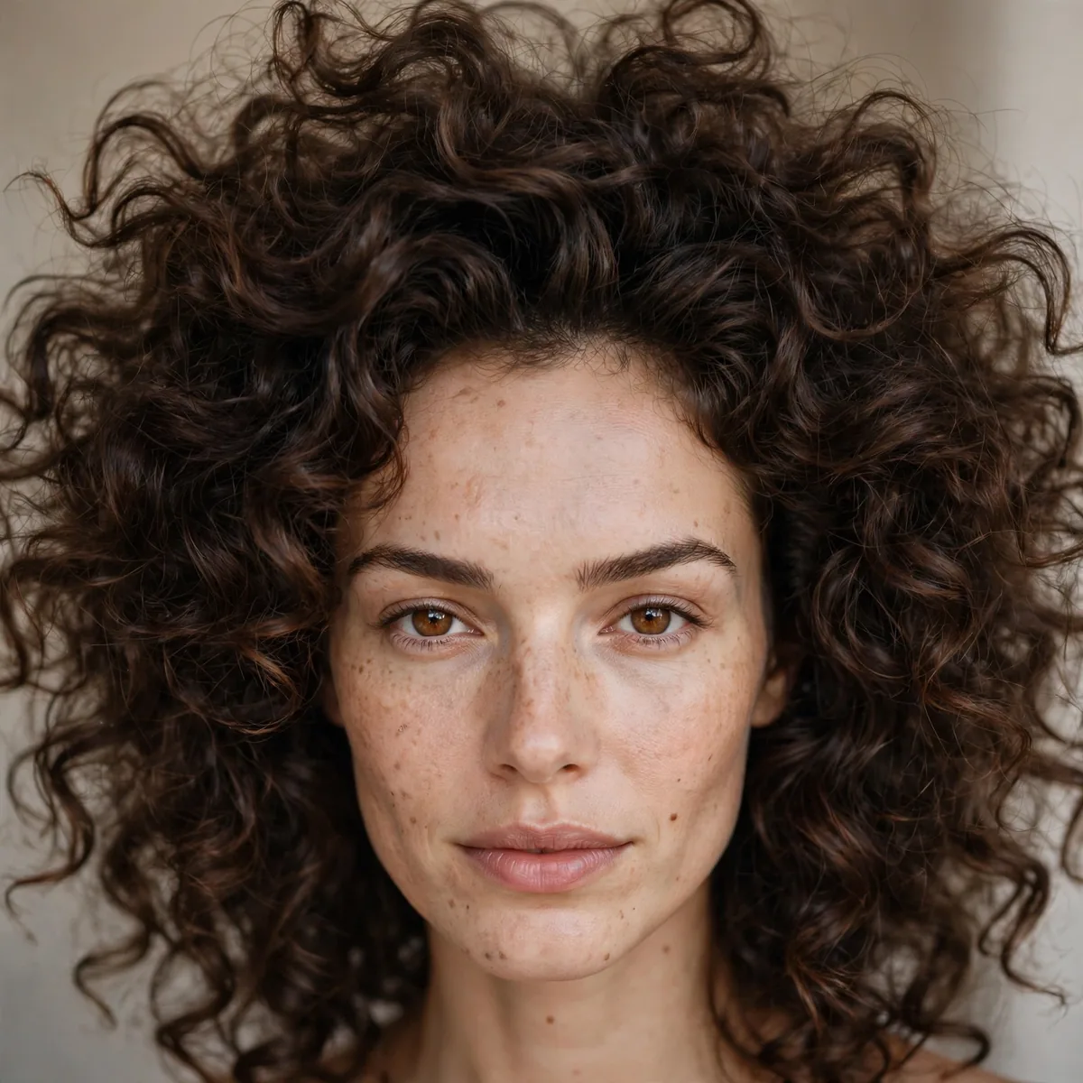 Voluminous curly hairstyle balancing big forehead proportions