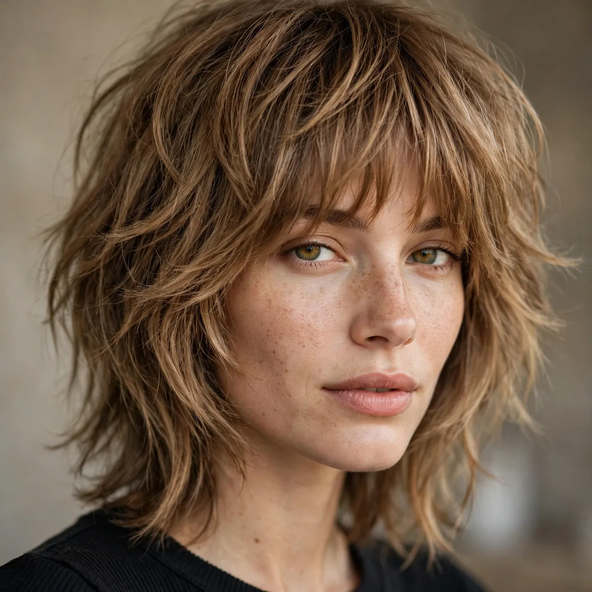 Shaggy layered haircut with bangs for big forehead