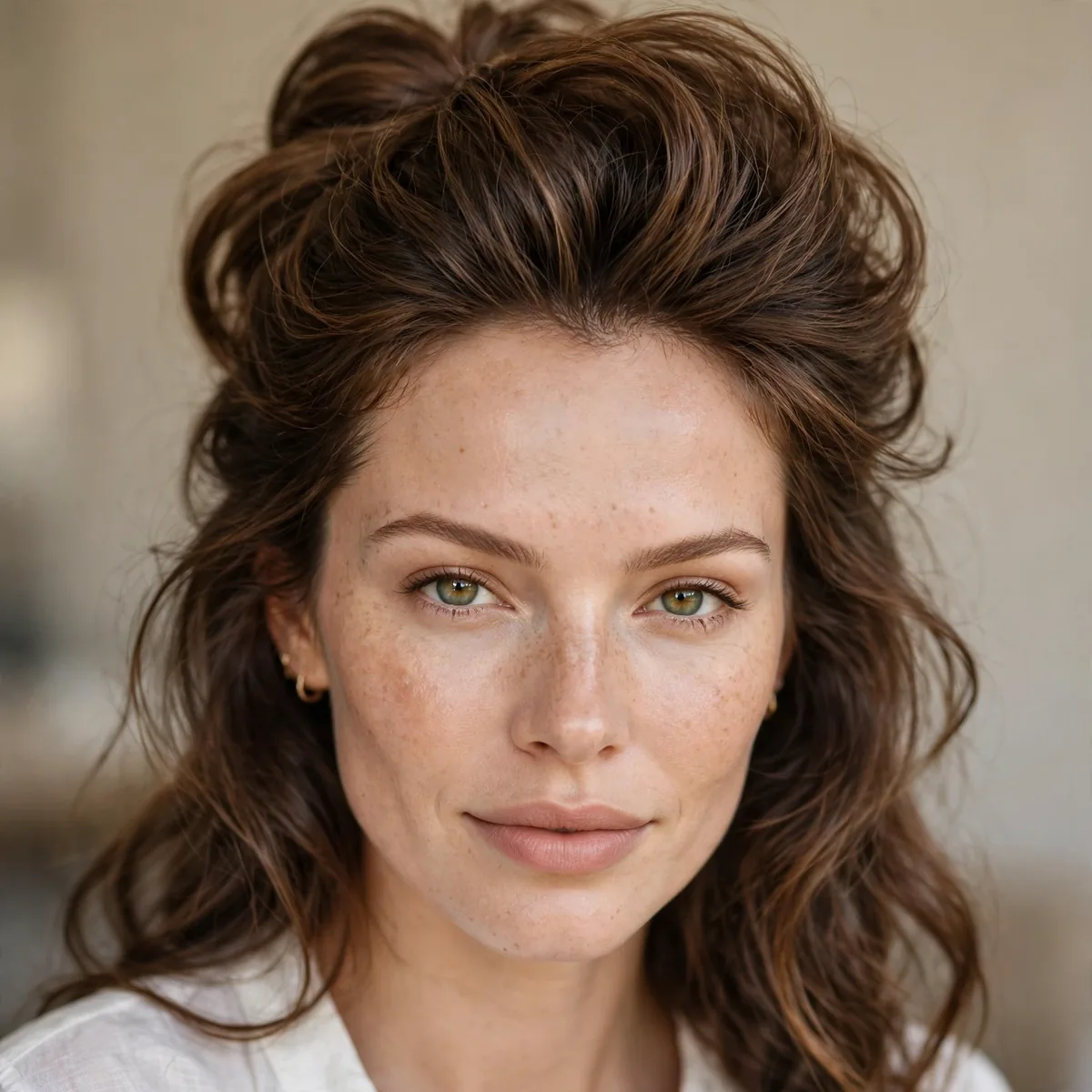 Half-up hairstyle with volume for big forehead