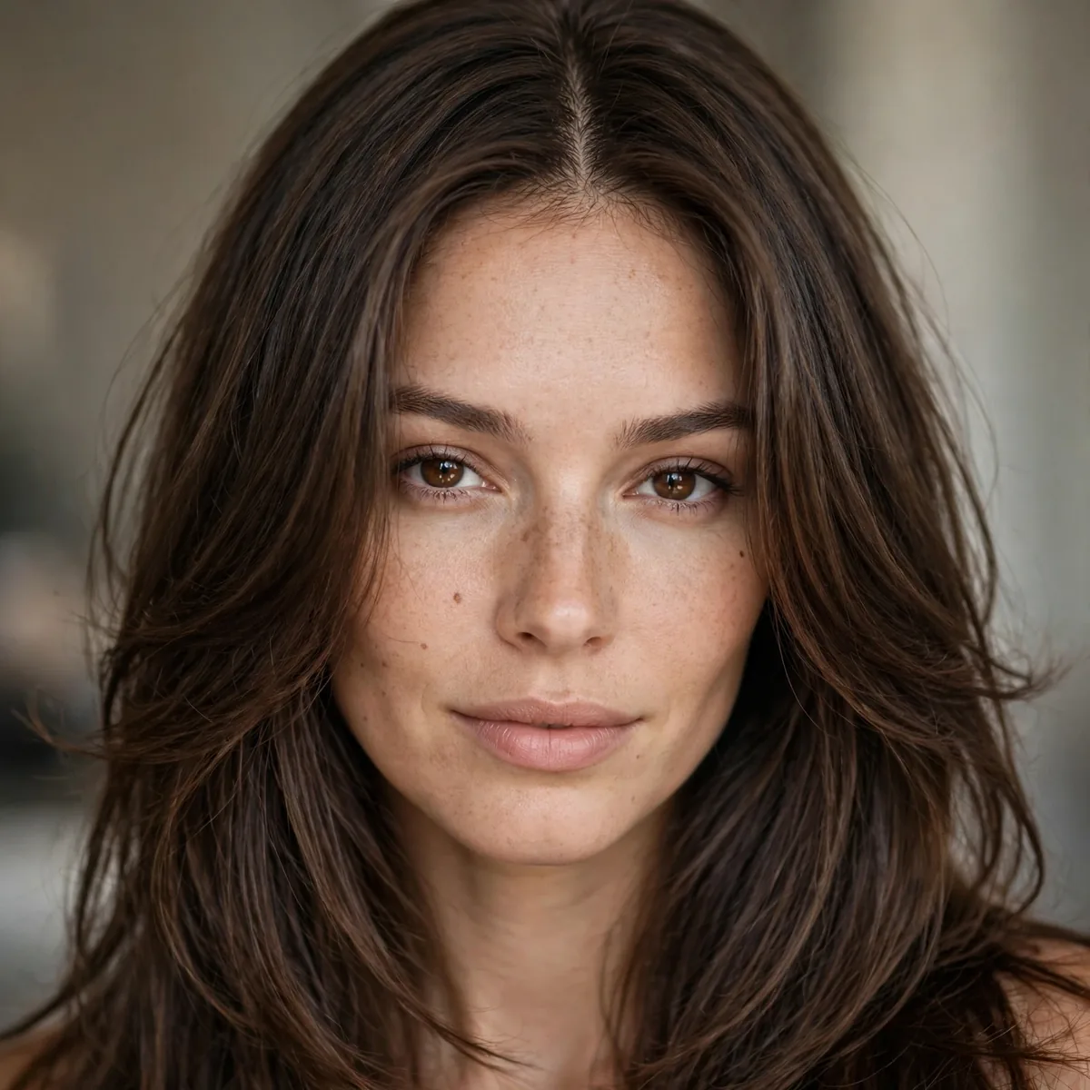 Long layered hair with center part for big forehead