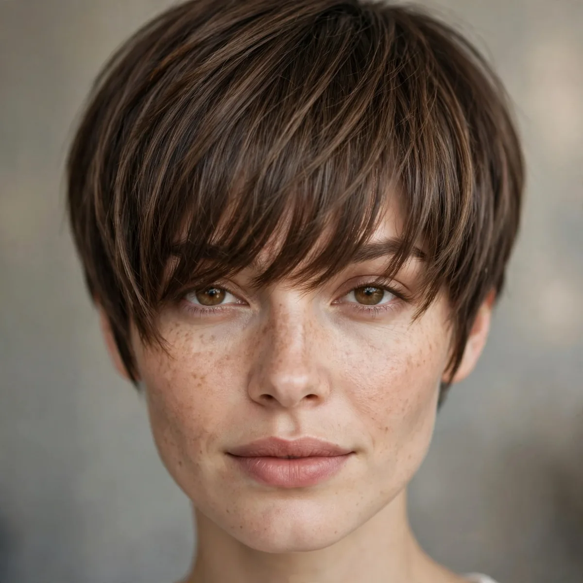 Pixie cut with long bangs covering forehead