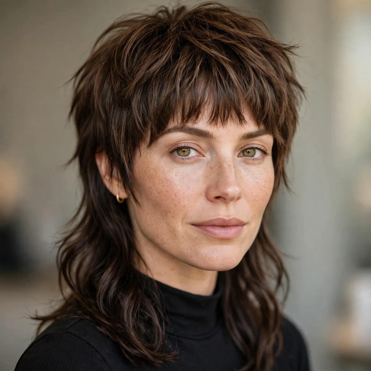 Modern mullet haircut with bangs for big forehead