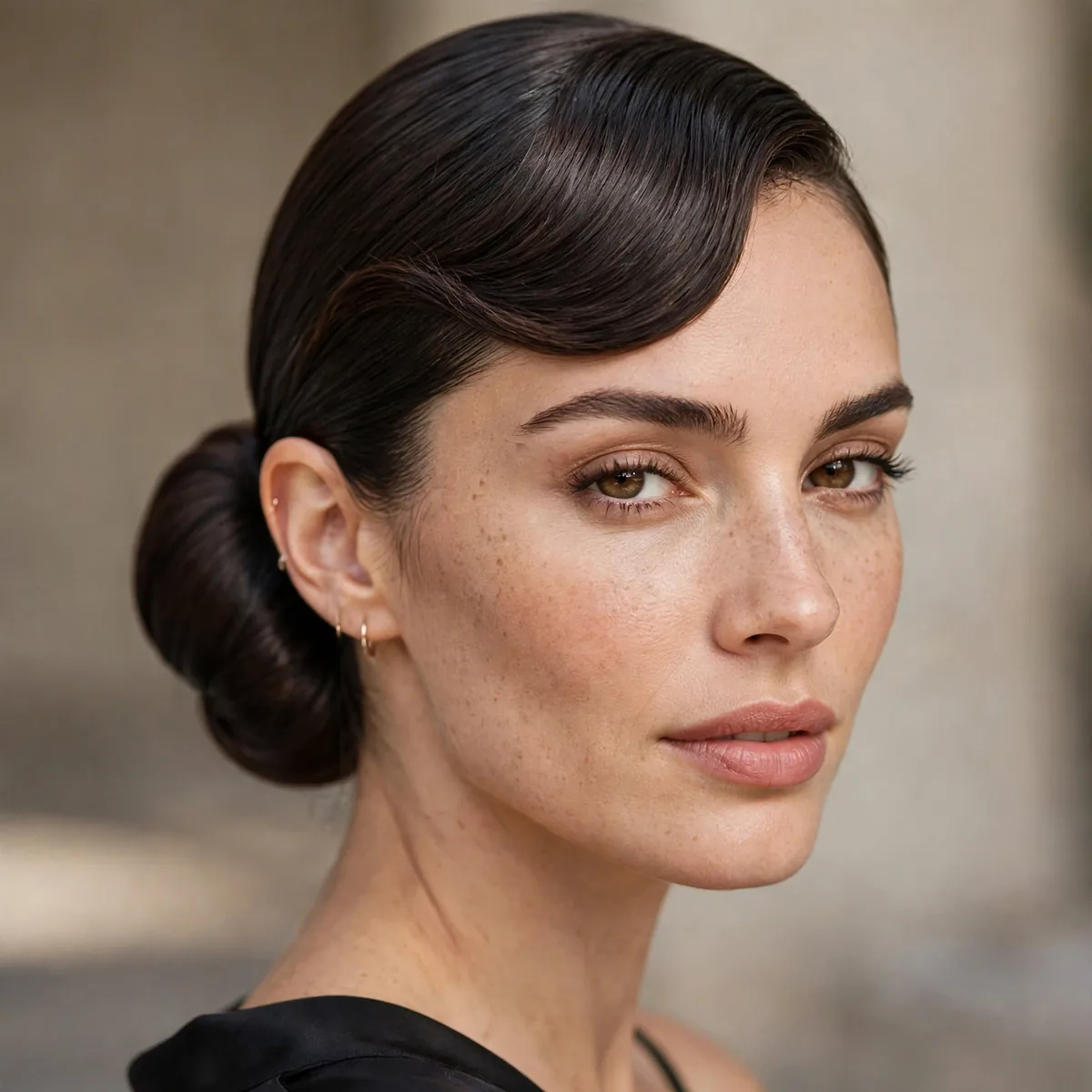 Sleek low bun with swooped front for big forehead