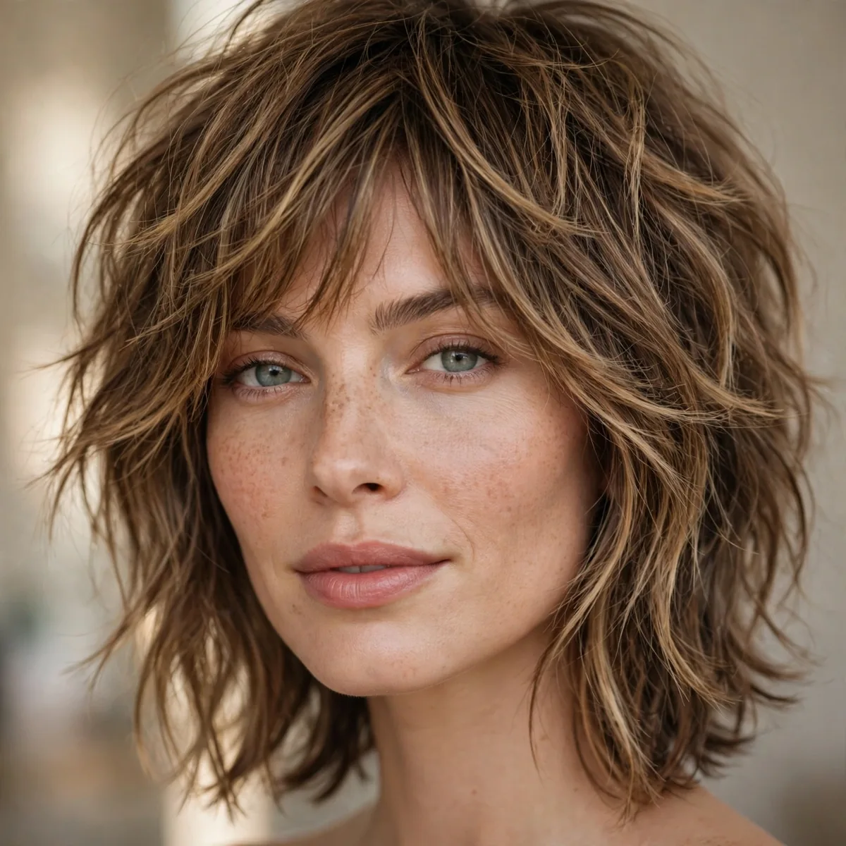 Textured shag lob haircut on medium hair