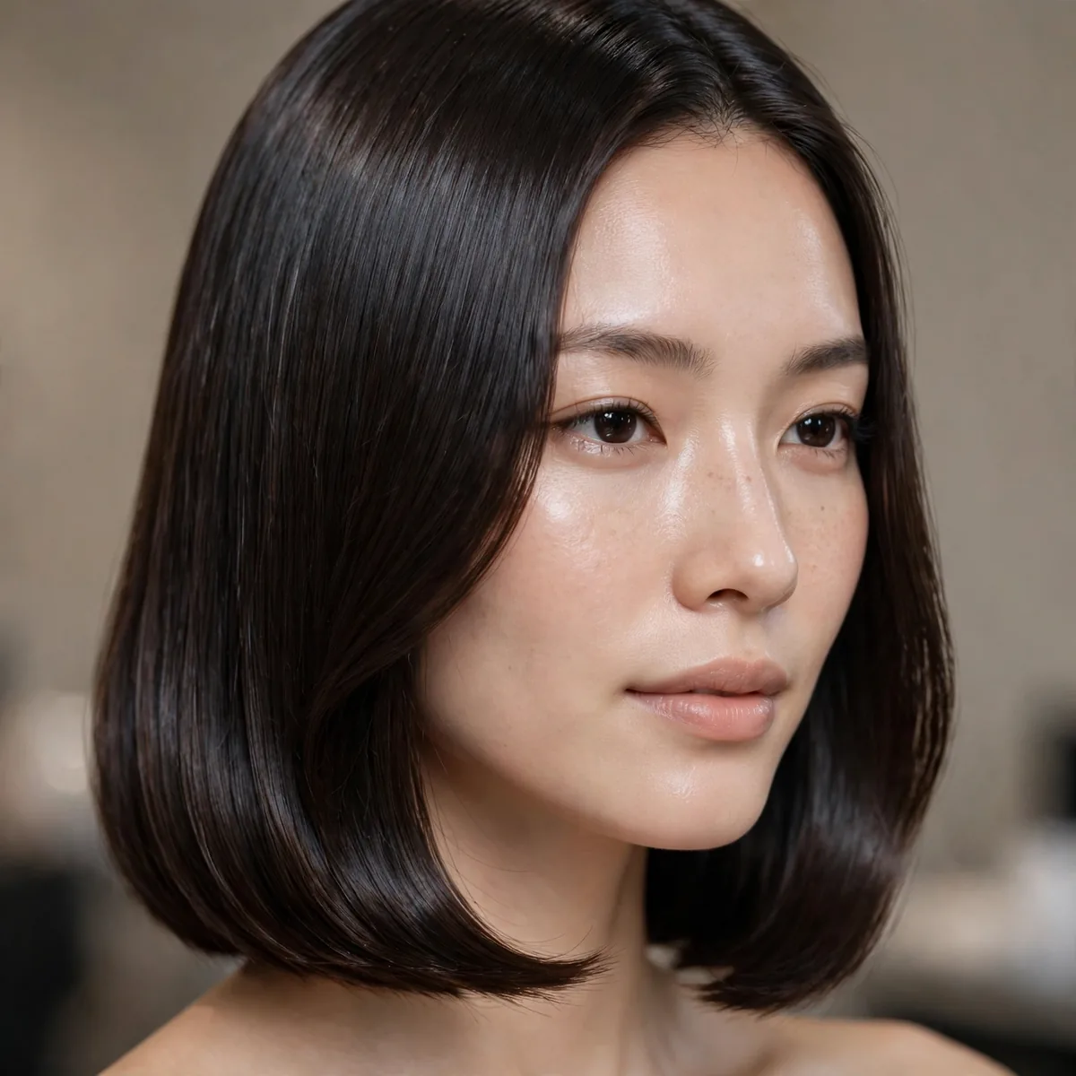 Sleek glass hair lob on medium hair
