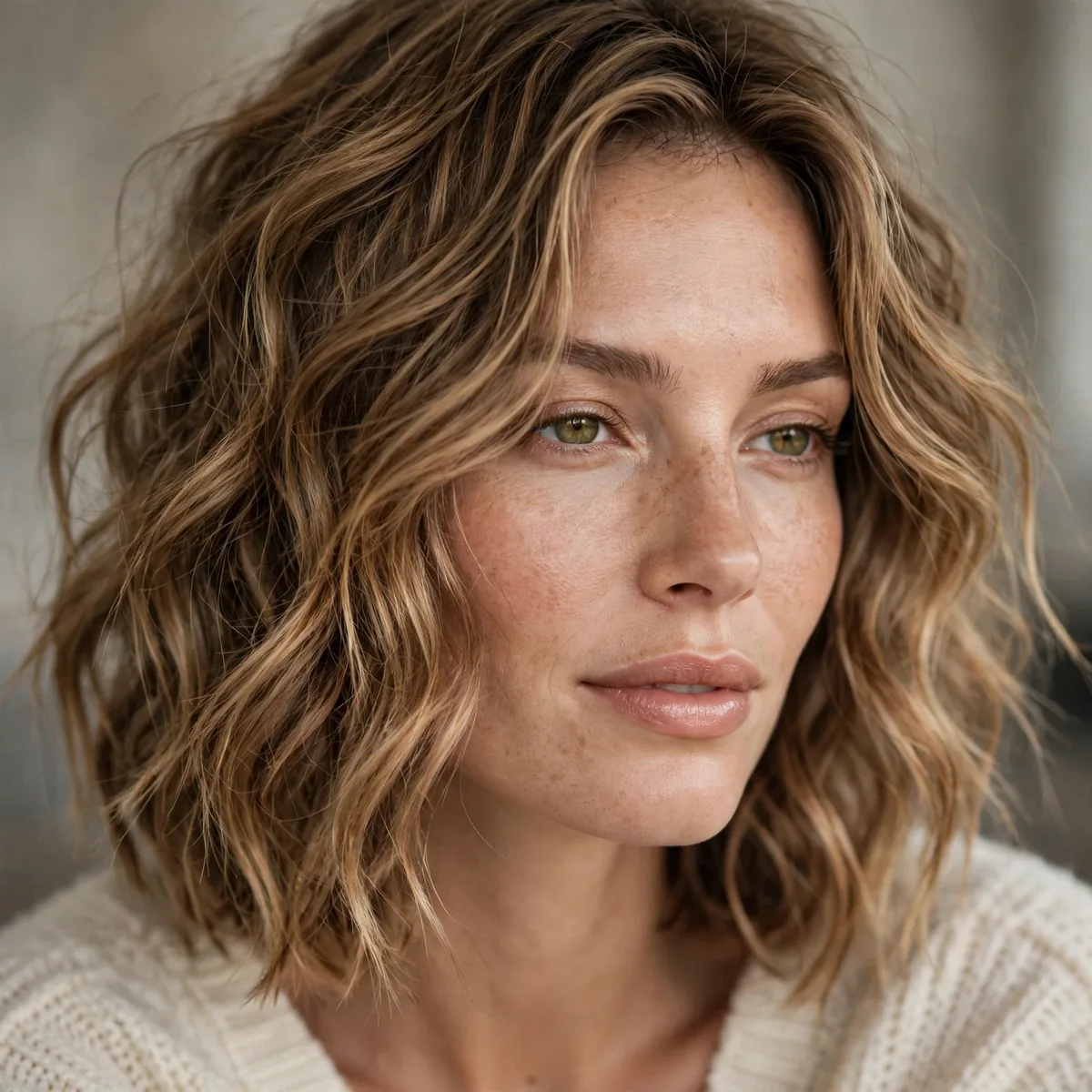 Beachy waves on medium length lob hair