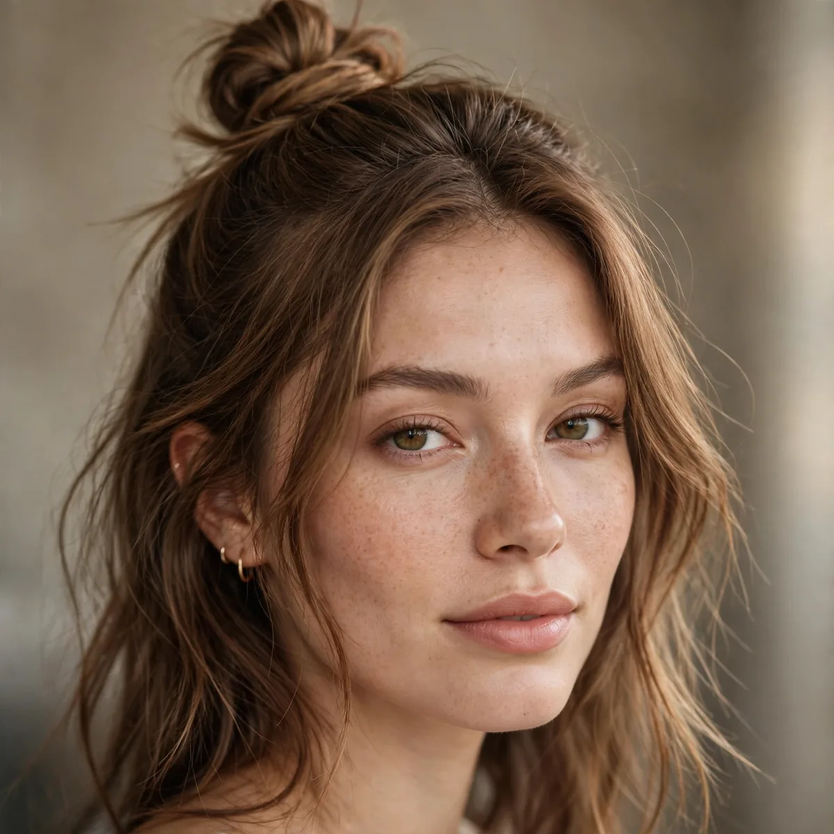 Half-up top knot hairstyle on medium hair