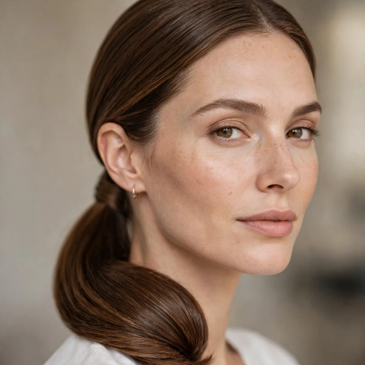 Low sleek ponytail on medium length hair