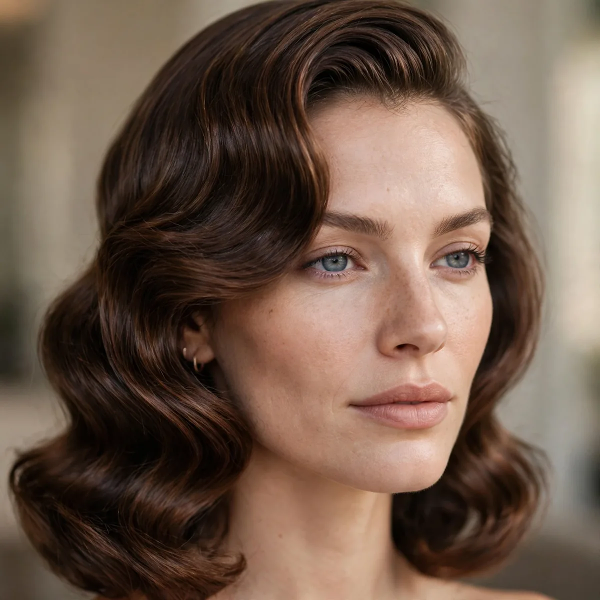 Side swept Hollywood waves on medium hair