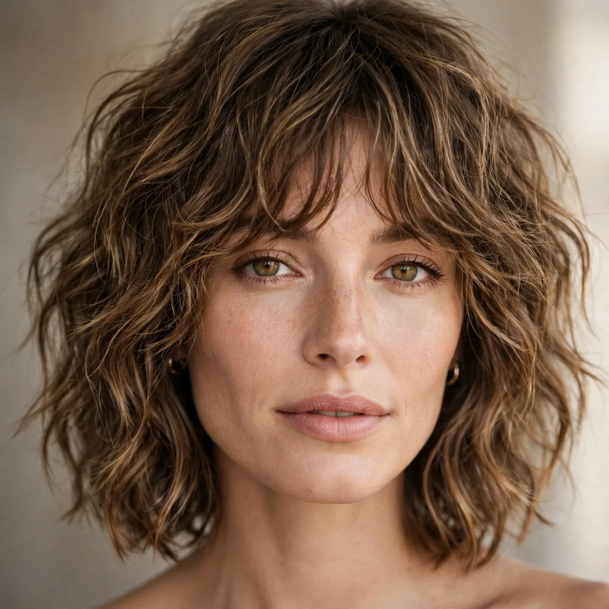Wavy shag haircut at shoulder length
