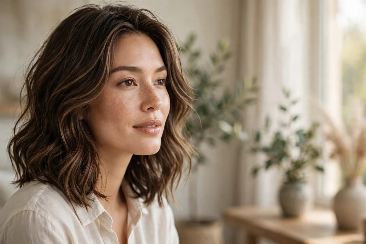 Woman with medium length layered hairstyle in soft waves