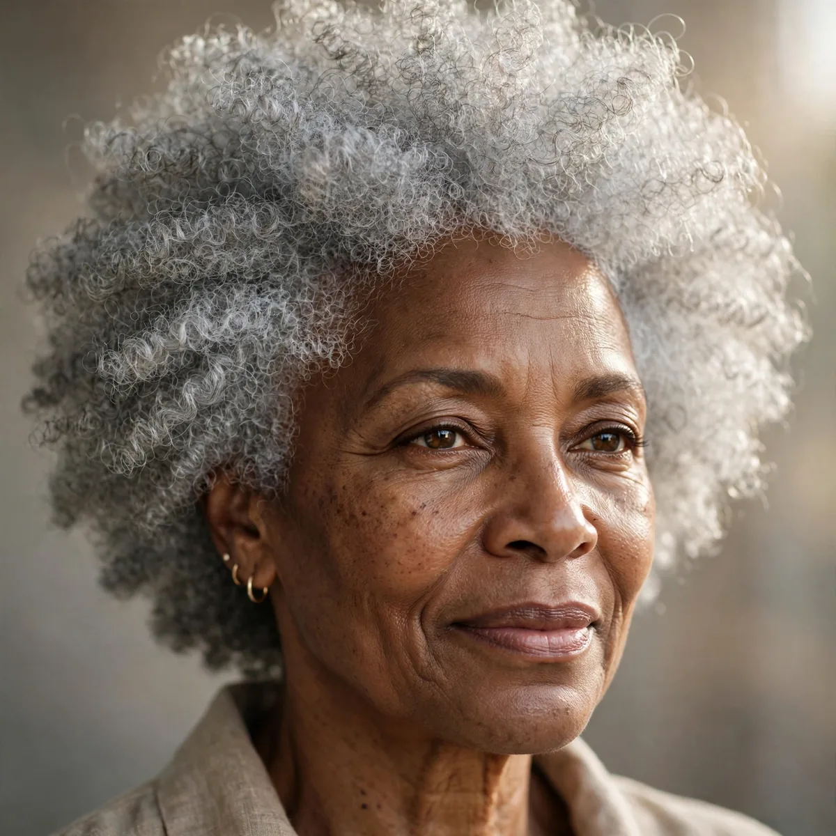 Natural silver gray afro hairstyle on older Black woman