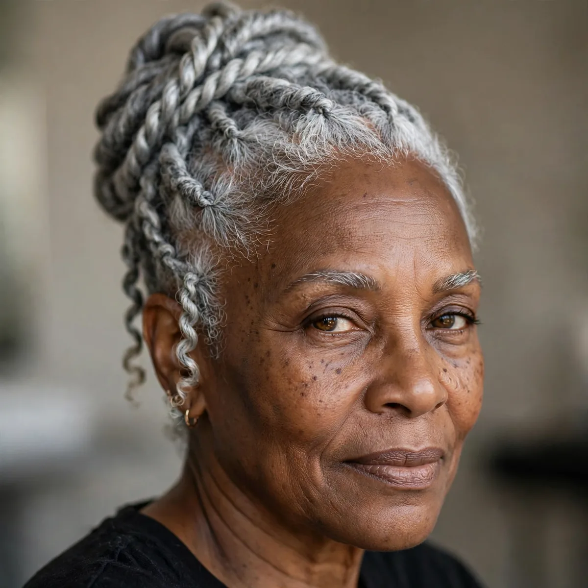 Elegant silver twist updo on older Black woman