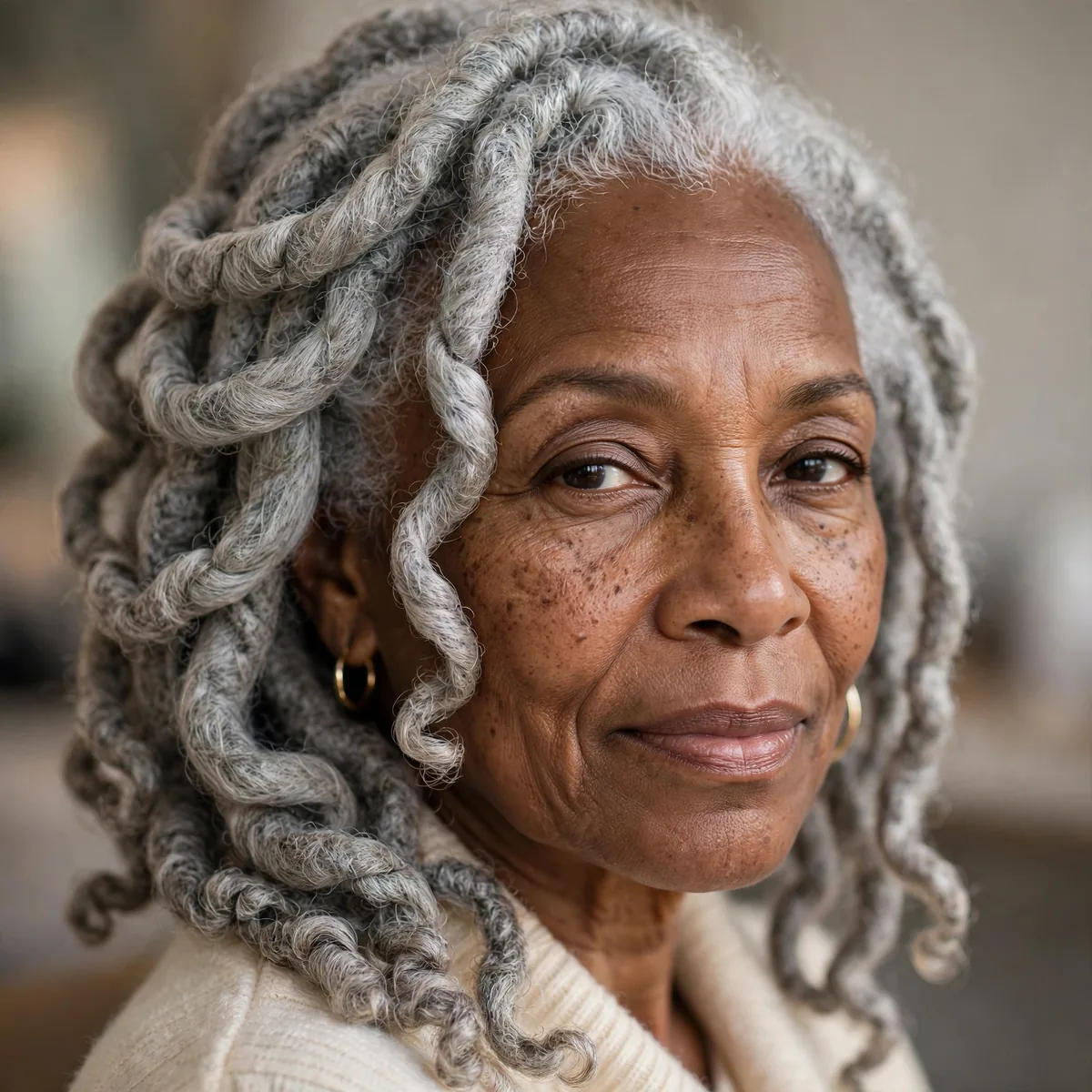 Elegant gray locs hairstyle on older Black woman