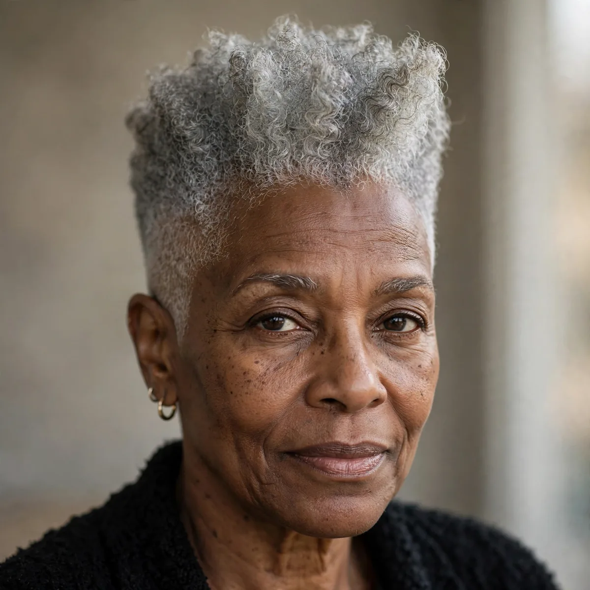 Tapered frohawk hairstyle in silver gray on older Black woman