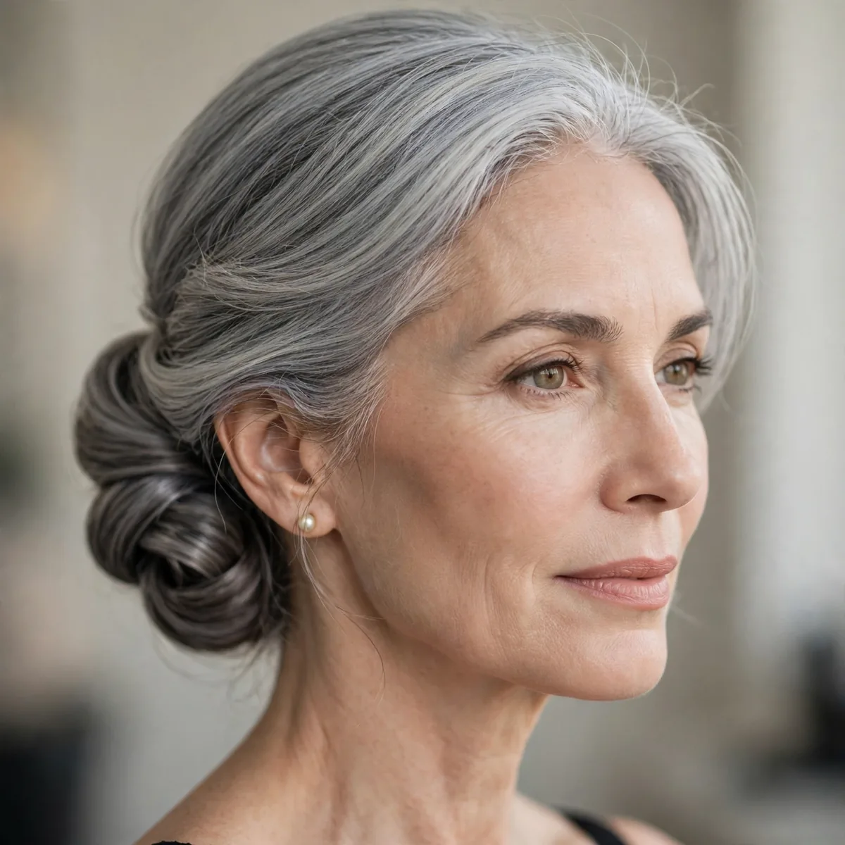 Elegant low chignon updo on silver gray hair