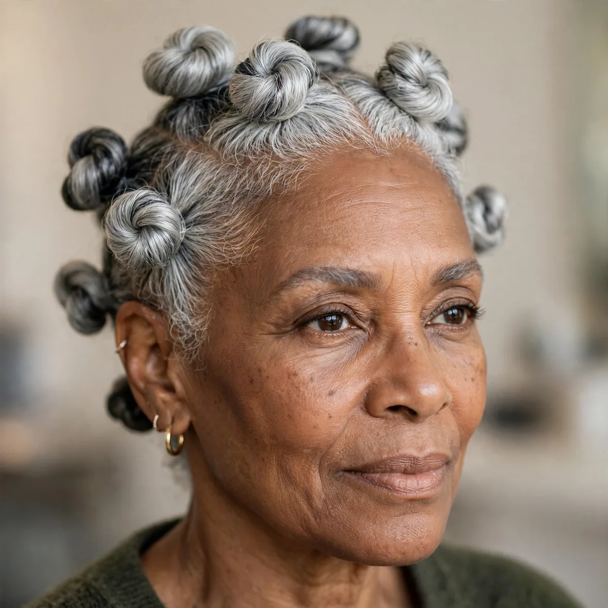 Silver Bantu knots hairstyle on older Black woman