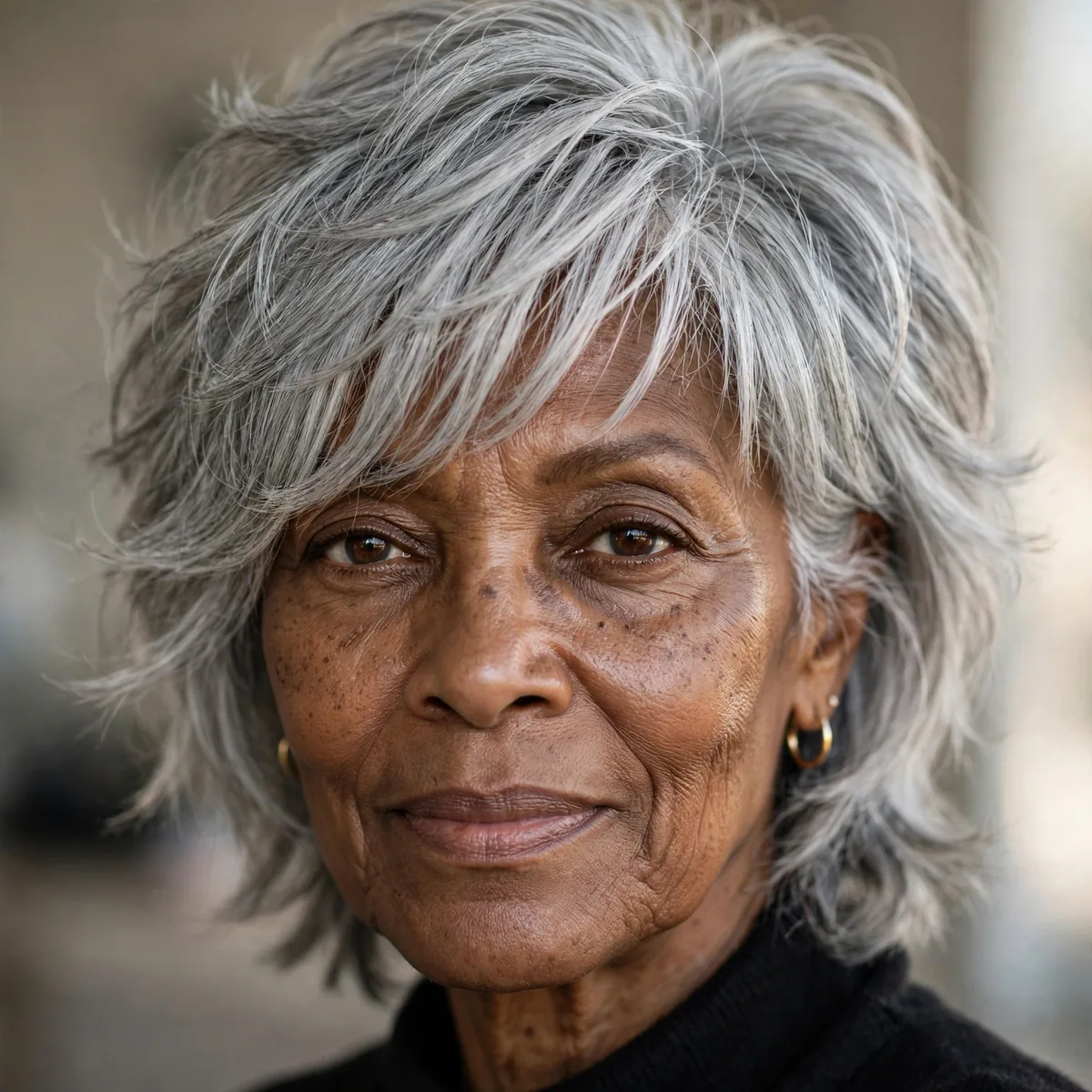 Sophisticated silver shag haircut on older Black woman