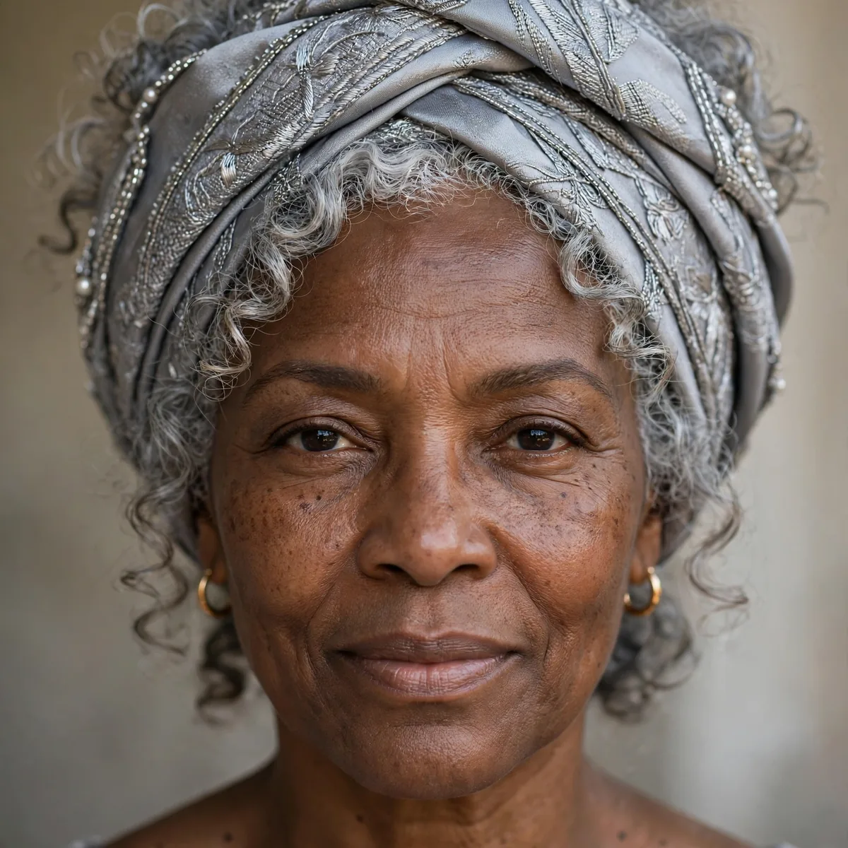 Regal headwrap style with silver gray hair on older Black woman