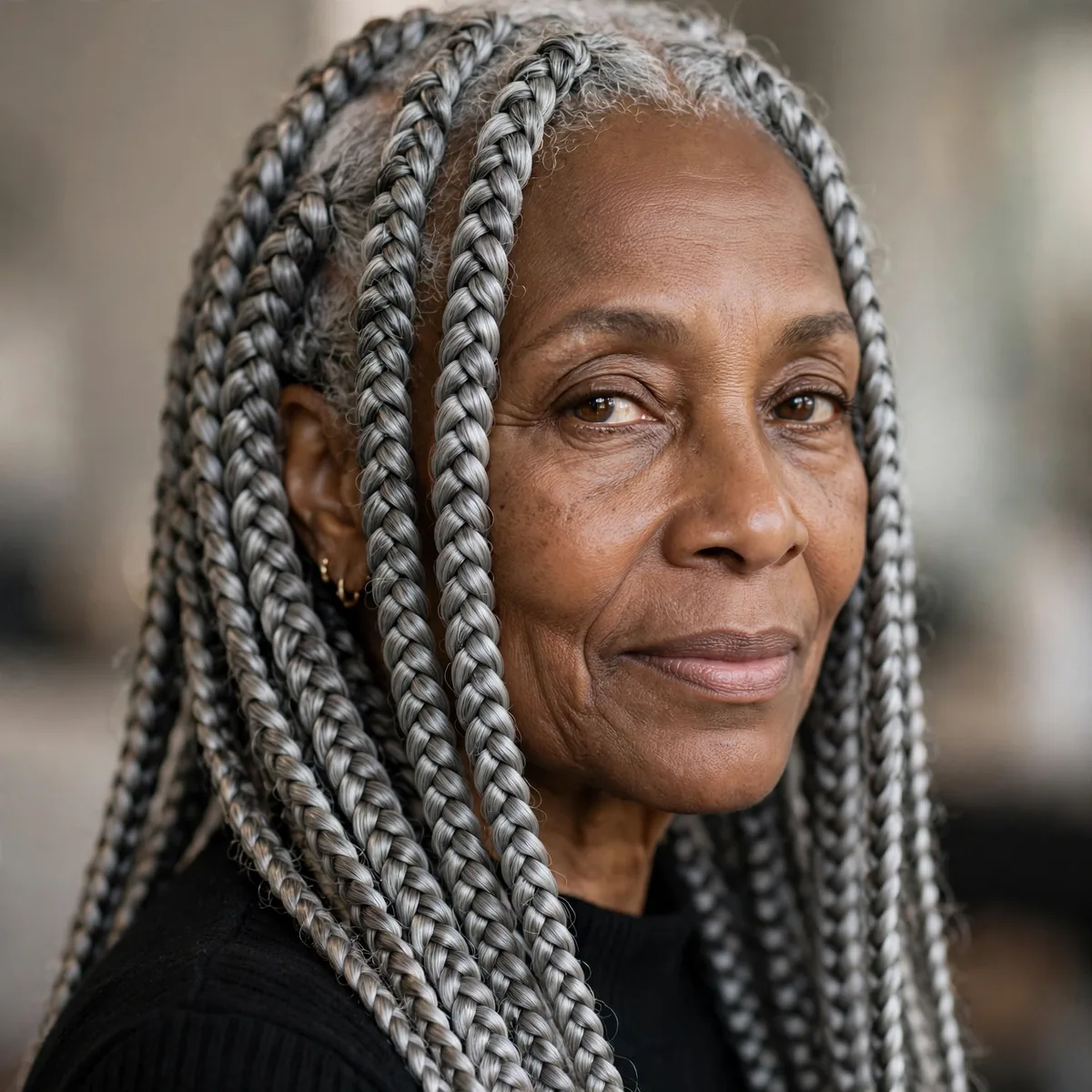 Long goddess braids in gray on older Black woman