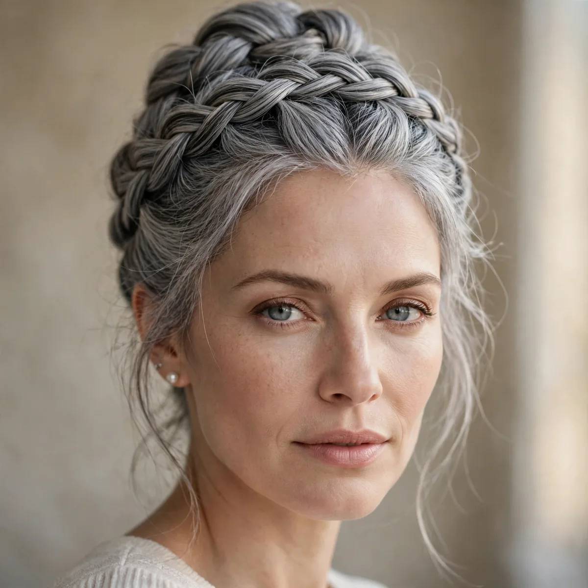 Regal crown updo on silver gray hair