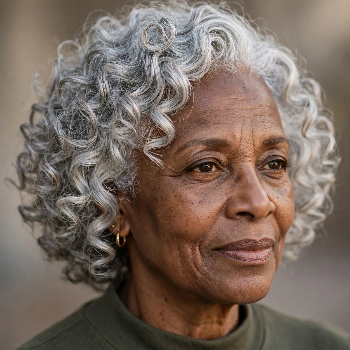 Wash and go silver curls on older Black woman natural hair