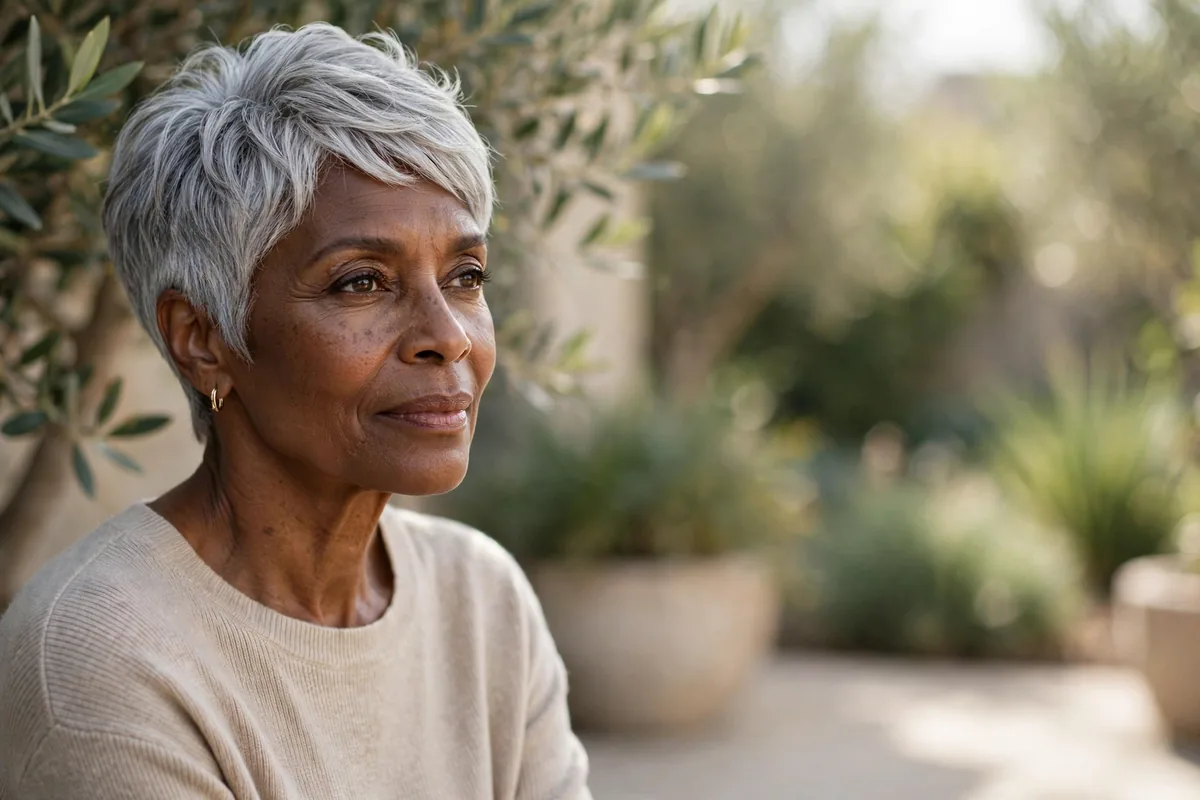 Older Black woman with elegant silver gray pixie haircut