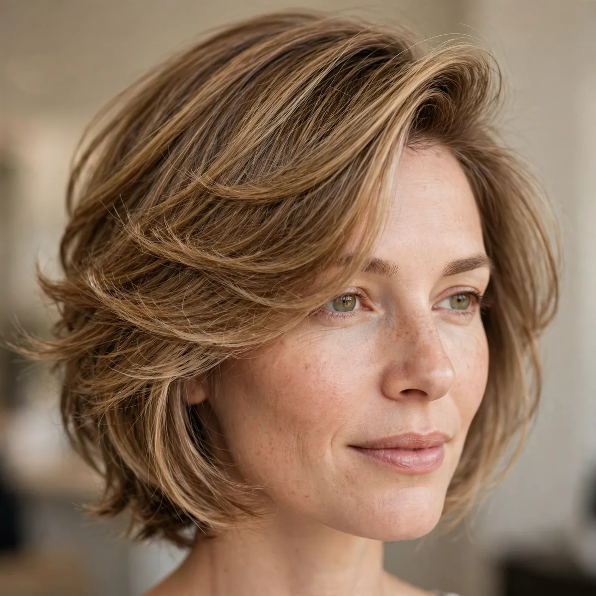 Feathered lob with a deep side sweep adding volume to thin fine hair
