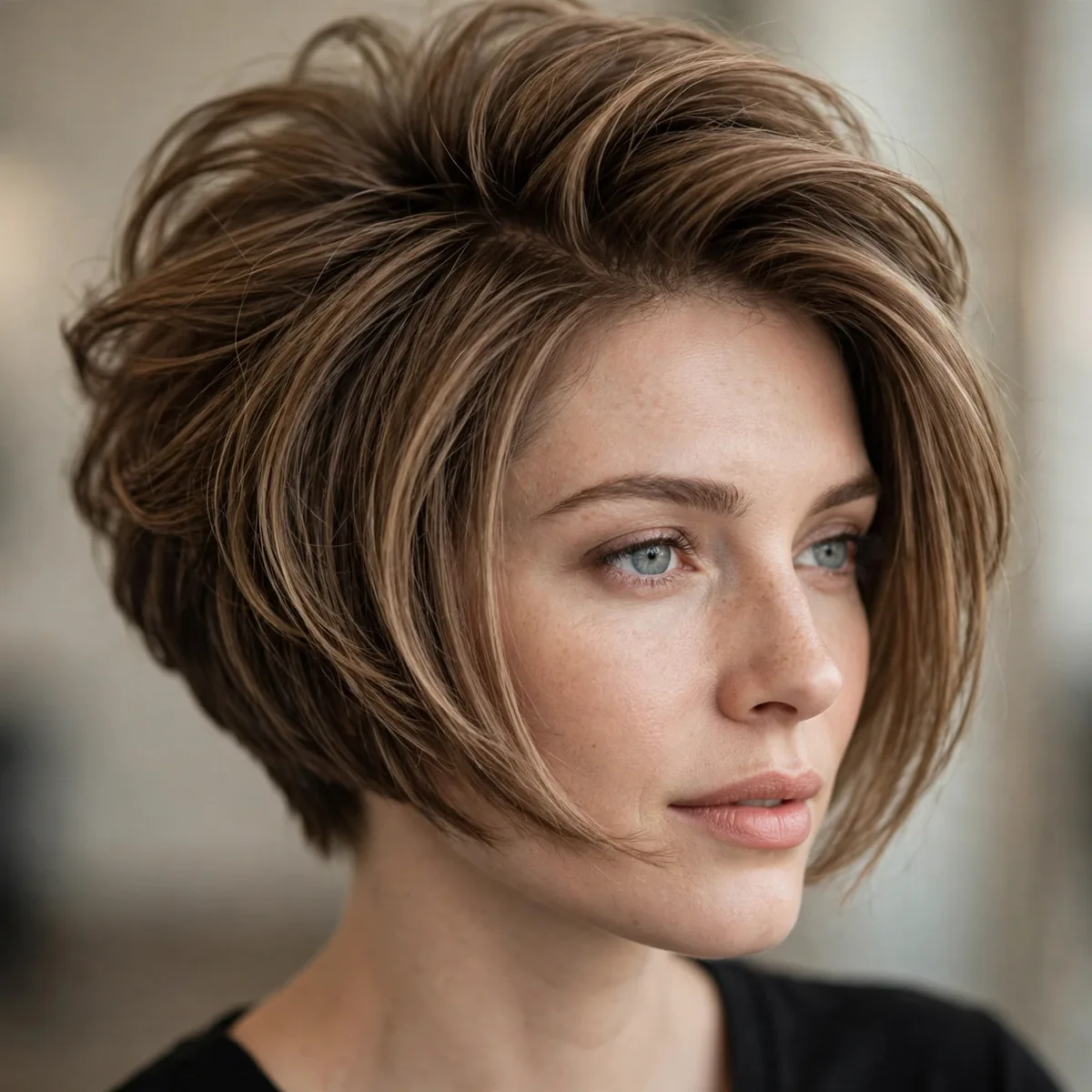 Stacked inverted bob haircut creating volume for thin hair